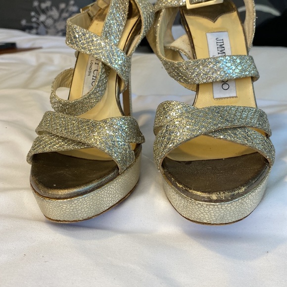 Jimmy Choo Silver Glitter Platform Stiletto Strappy Sandals - Picture 3 of 13